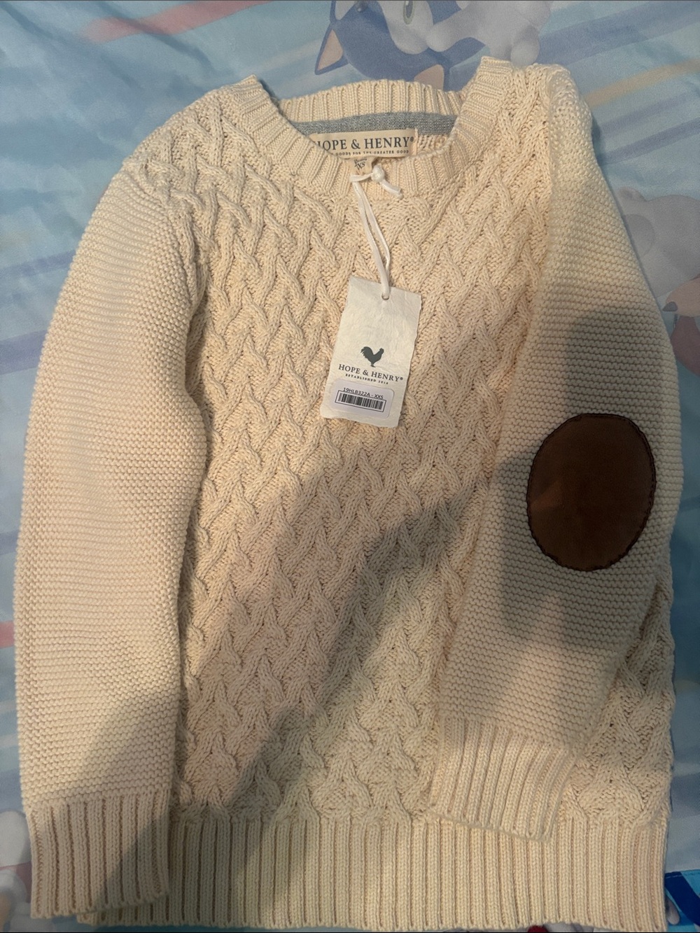 Hope & Henry Cream Cable-Knit Sweater with Elbow Patch size XXS